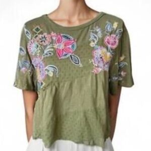 Sundance Olive Green Mixed Media Embroidered Floral Boho top M